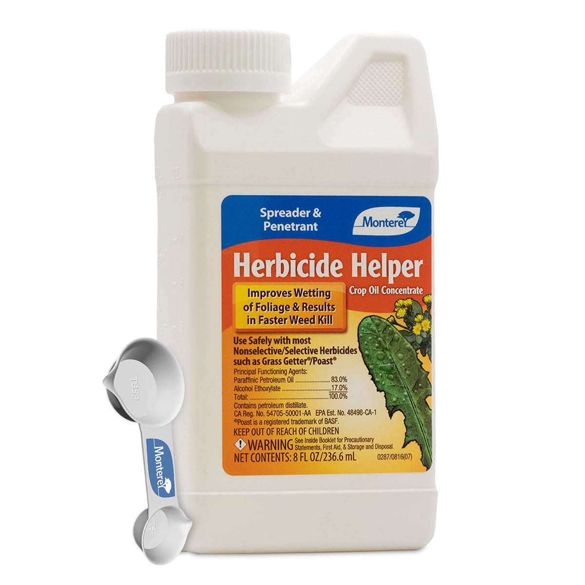 Monterey Herbicide Helper bottle close-up shows enhanced foliar spread for better coverage
