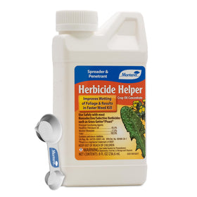 Monterey Herbicide Helper bottle close-up shows enhanced foliar spread for better coverage