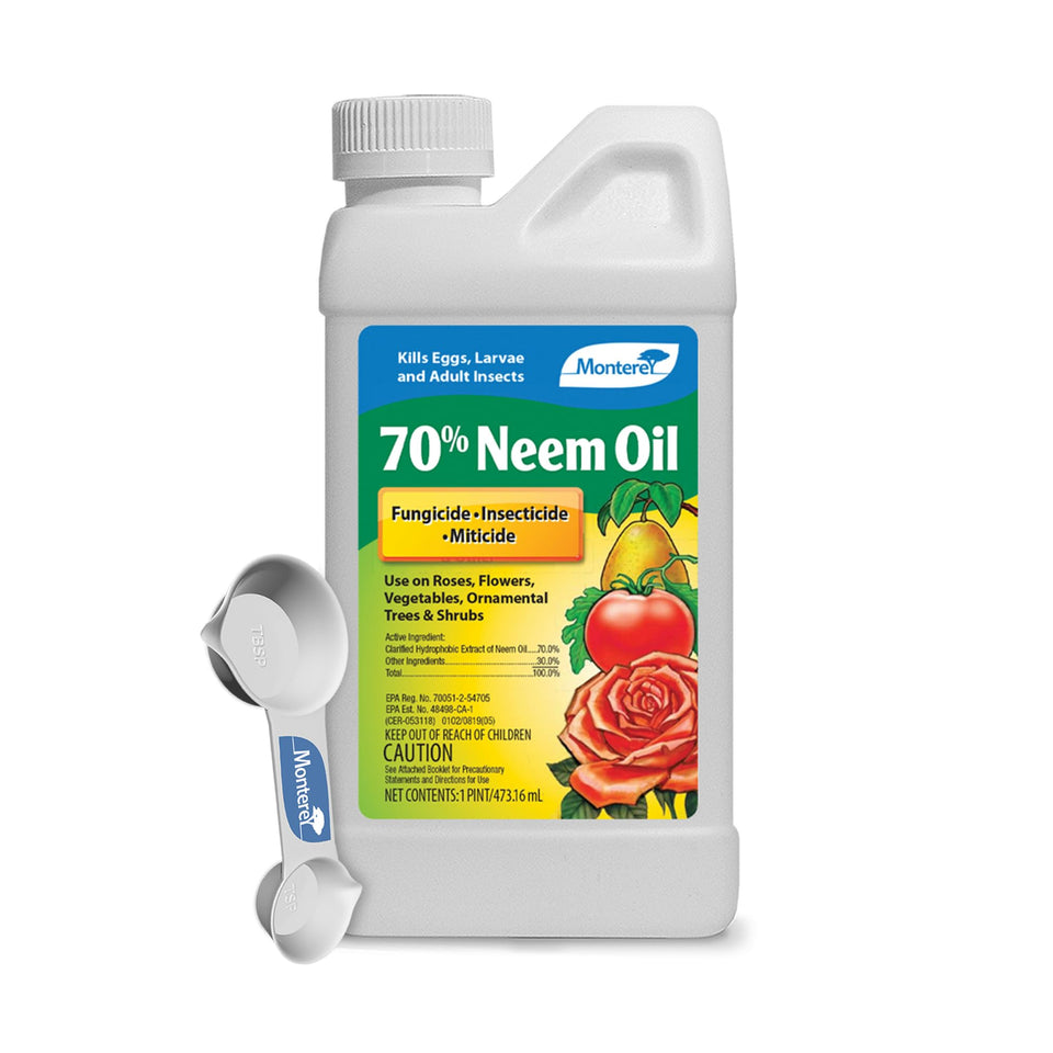 Monterey Neem Oil 70% with spoon for precise garden application.