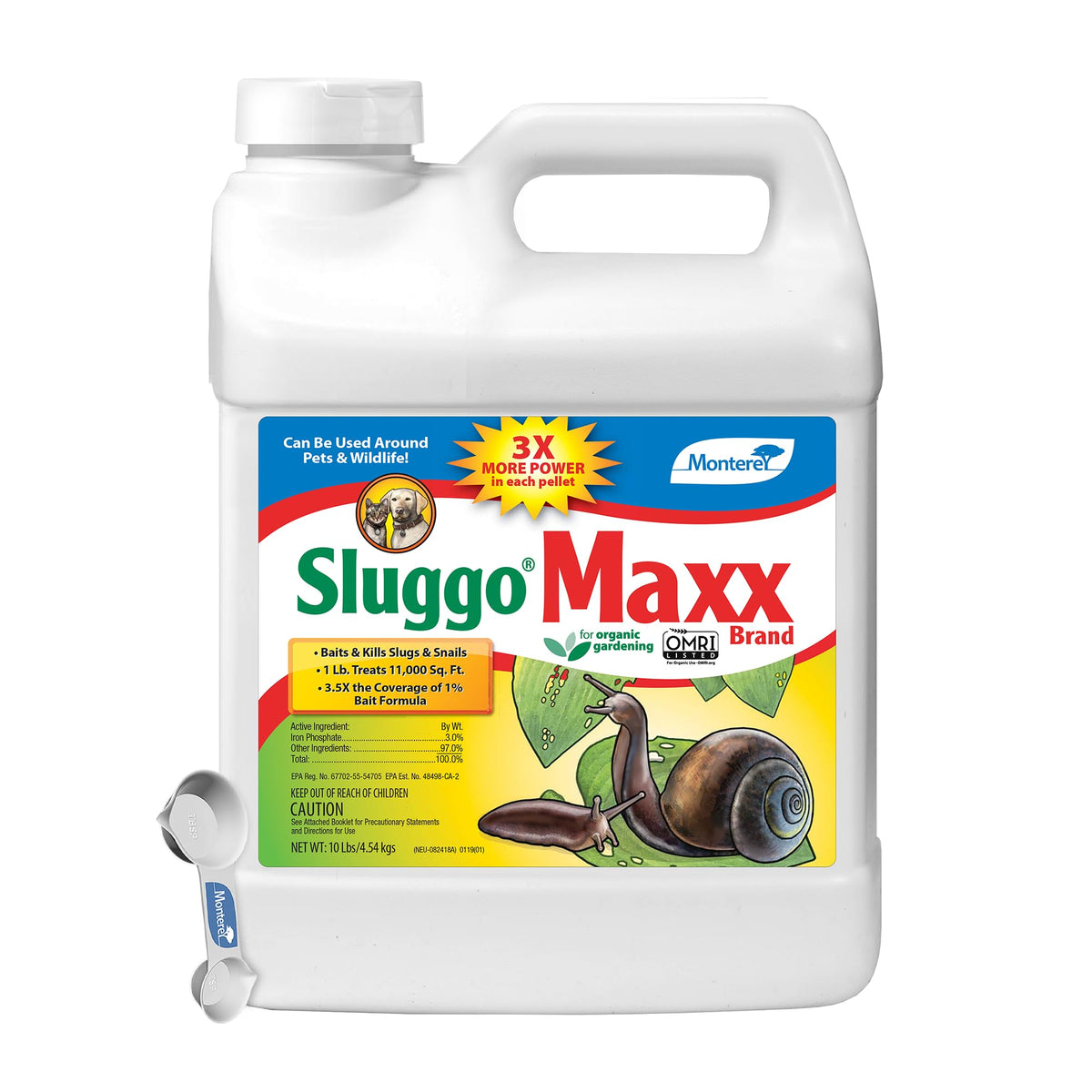Monterey Sluggo Maxx bottle on display offering effective slug and snail control.