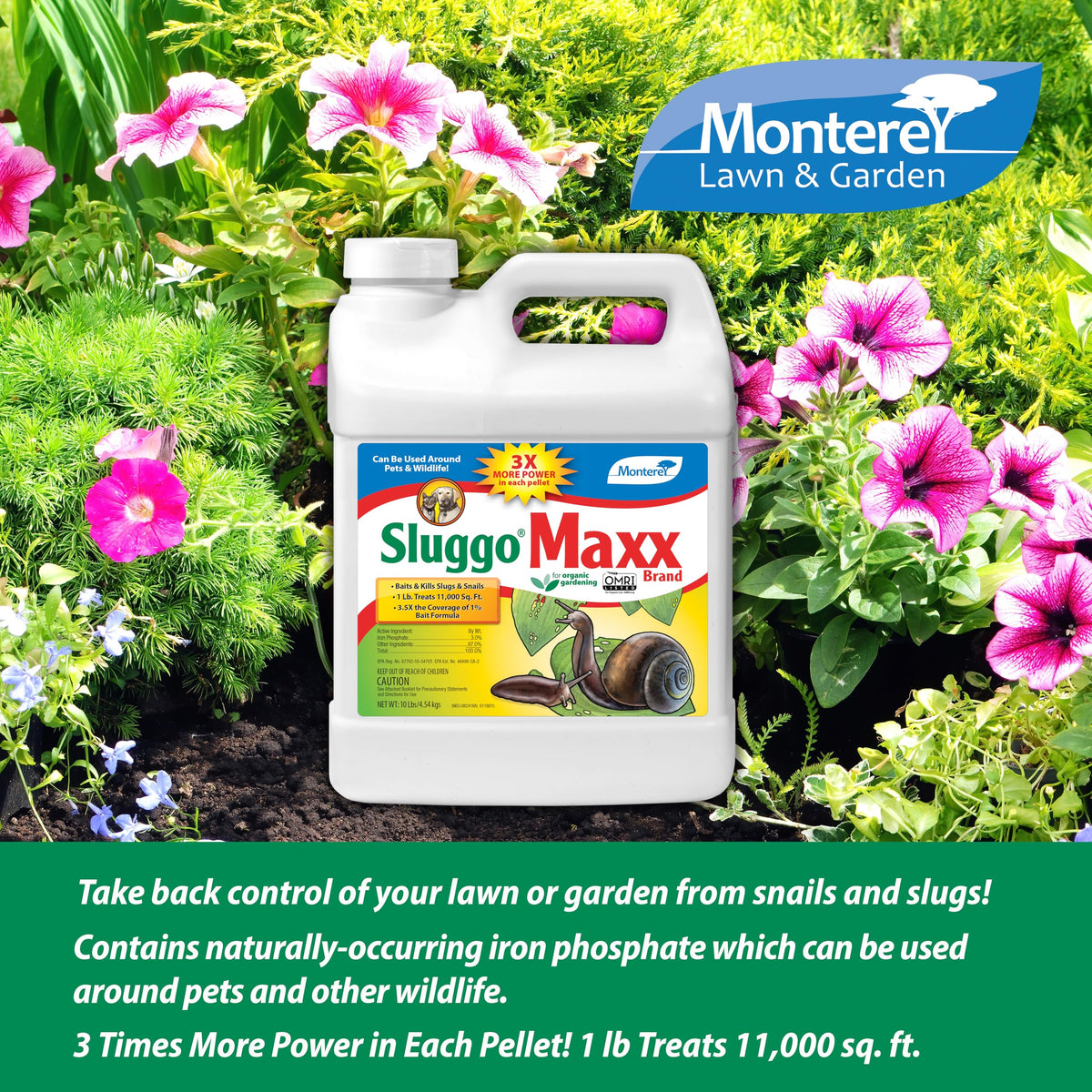 Monterey Sluggo Maxx OMRI-listed label indicates organic gardening compatibility.