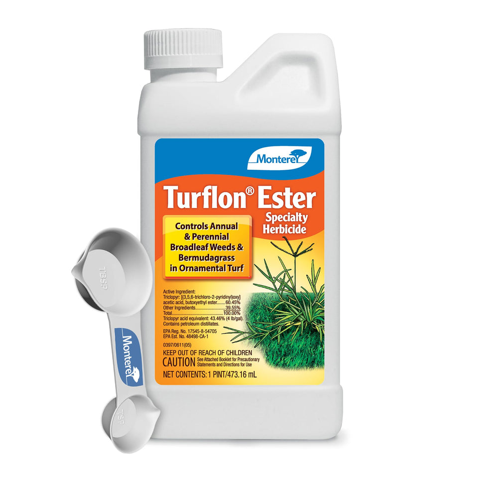 Monterey Turflon Ester bottle and measuring spoon for precise lawn dilution.
