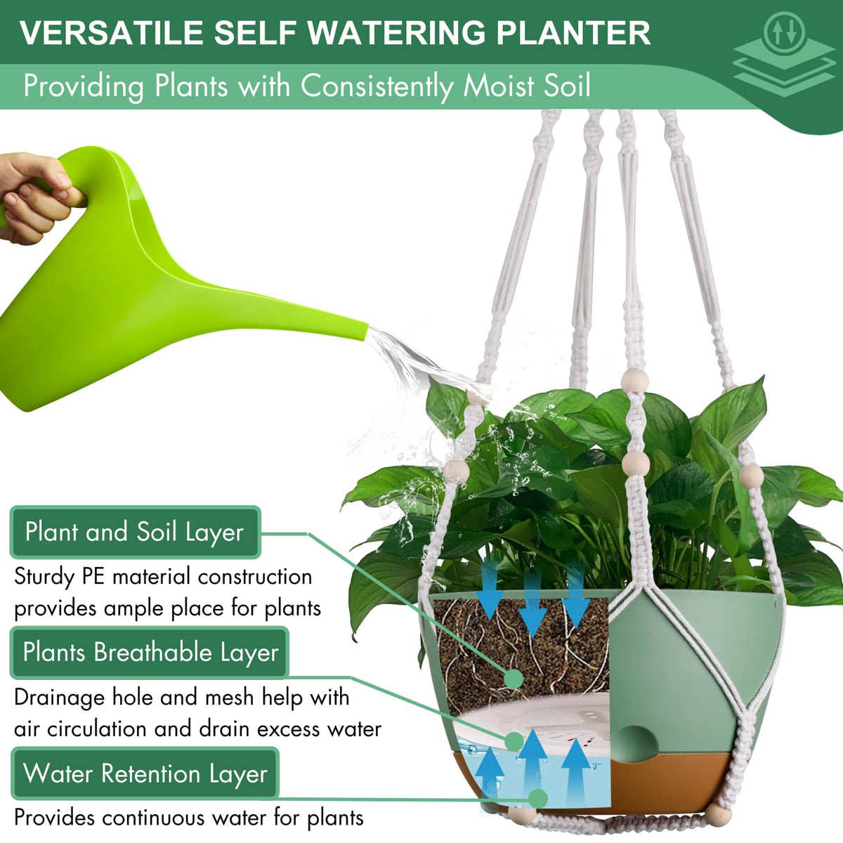 Montresor planter offers metal hook for outdoors or bohemian hanger indoors.