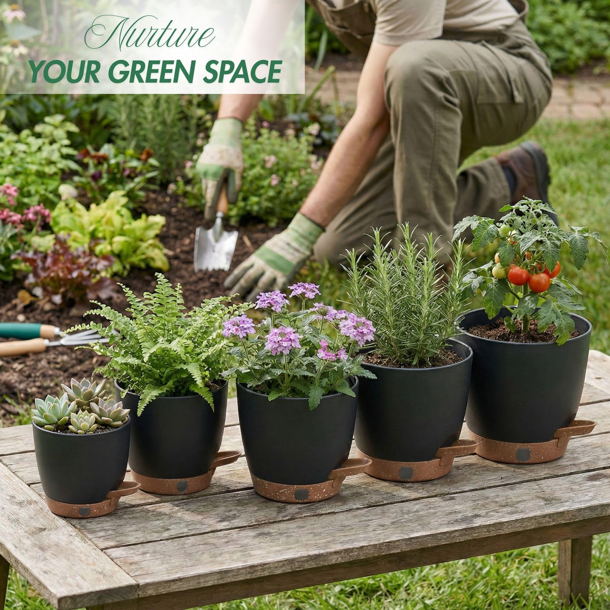 Montresor self-watering pots 7-inch diameter for larger herbs and seedlings.
