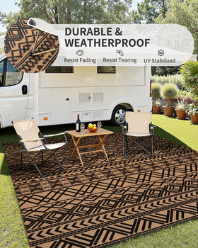 MontVoo boho black brown rug with modern geometry for chic outdoor decor