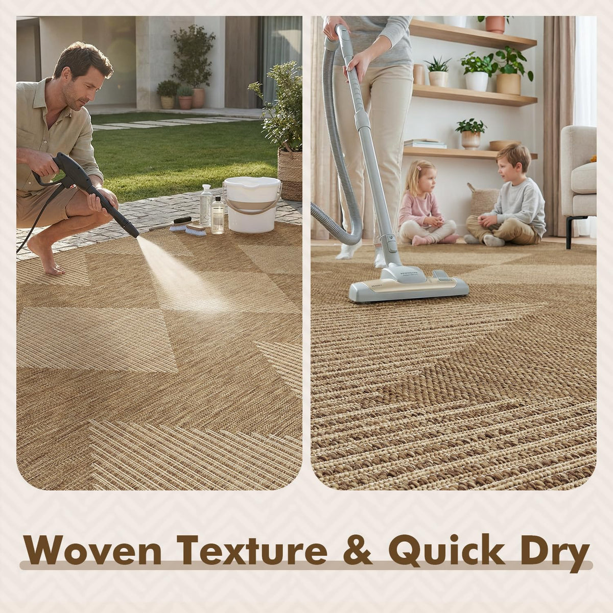 MontVoo boho geometric rug neutral brown enhances outdoor living with versatile cozy texture.