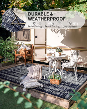 MontVoo lightweight outdoor carpet tucked under camping chairs