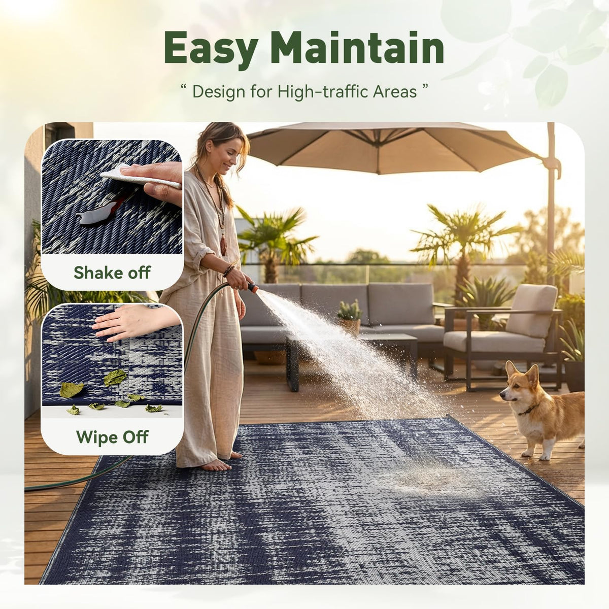 MontVoo easy-clean rug ready to rinse after spills