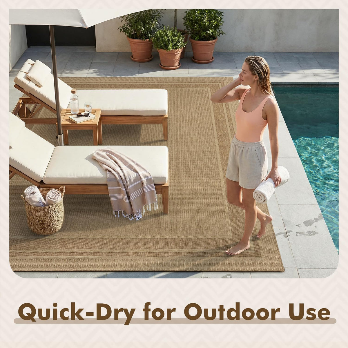 MontVoo modern neutral brown rug pairs with outdoor furniture for versatile spaces.