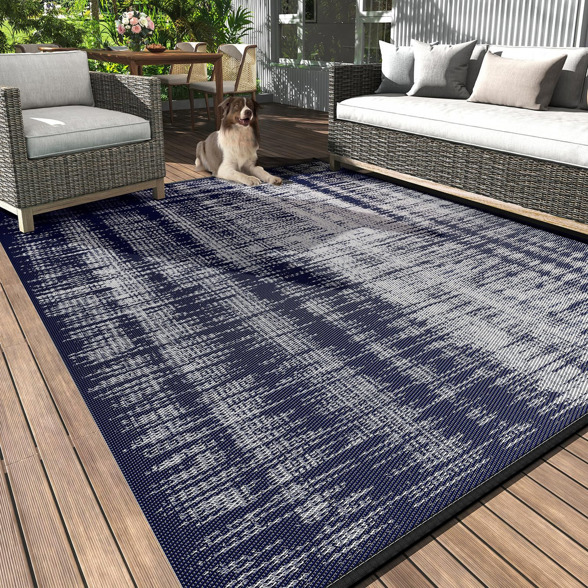 MontVoo 6x9 outdoor rug in waterproof straw weave on patio for easy cleanup