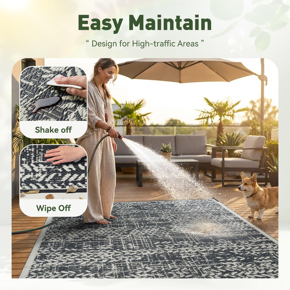 MontVoo eco-friendly plastic straw rug in grass-friendly setting.