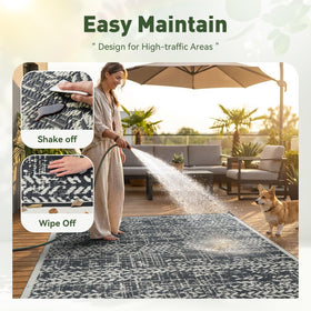 MontVoo eco-friendly plastic straw rug in grass-friendly setting.