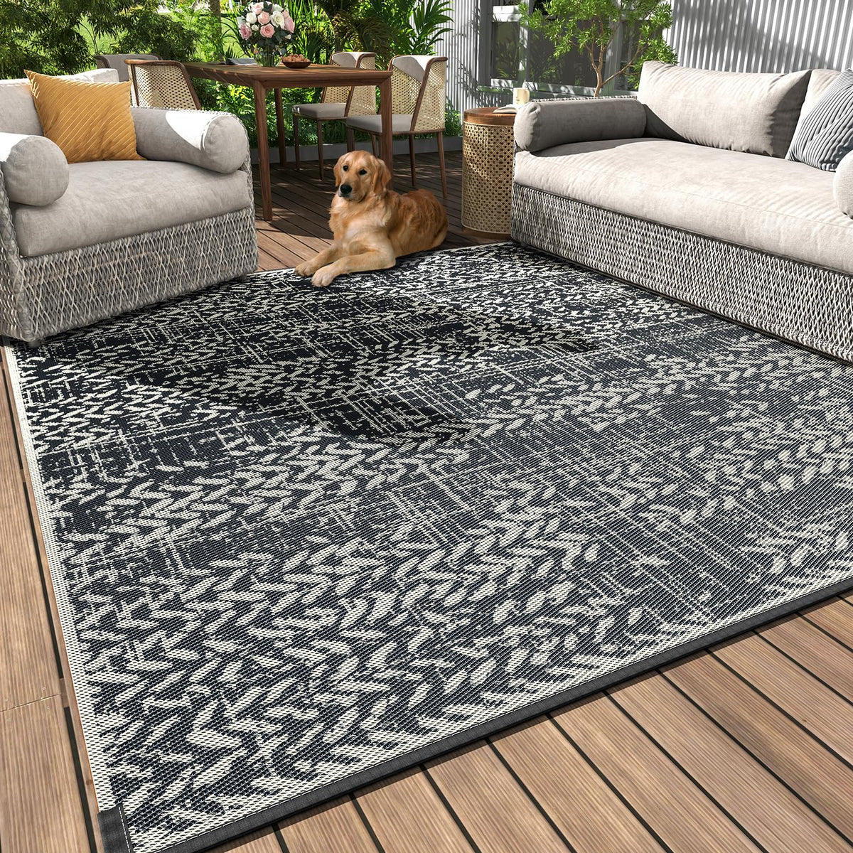 MontVoo Outdoor Rug 9x12 waterproof underside highlights quick-dry performance after rain.