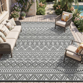 MontVoo outdoor rug 9x18 on patio with Boho gray design and easy maintenance