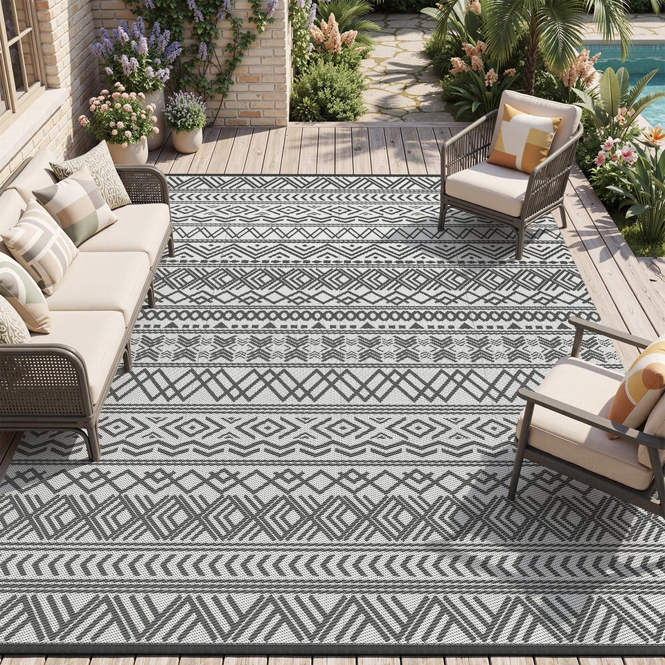 MontVoo outdoor rug 9x18 on patio with Boho gray design and easy maintenance
