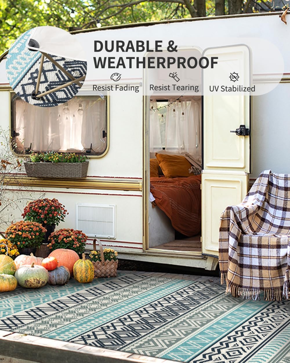 MontVoo weatherproof rug in sun demonstrates fade resistance and long life.
