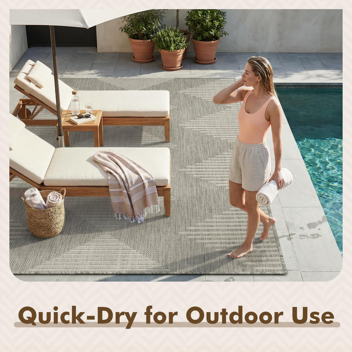 MontVoo rug shown with outdoor furniture complements wicker, metal, and wood settings