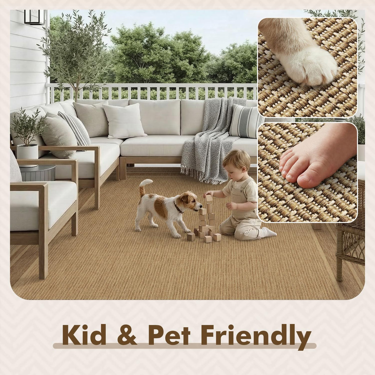 MontVoo outdoor rug with a smooth surface safe for kids and pets.