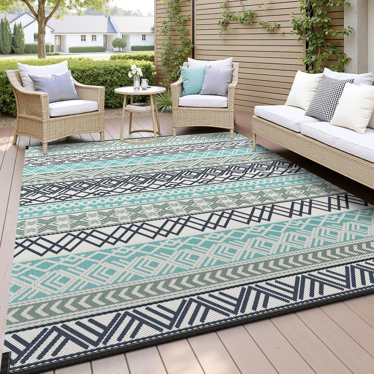 MontVoo outdoor rug close-up of waterproof woven straw texture for quick-dry use.