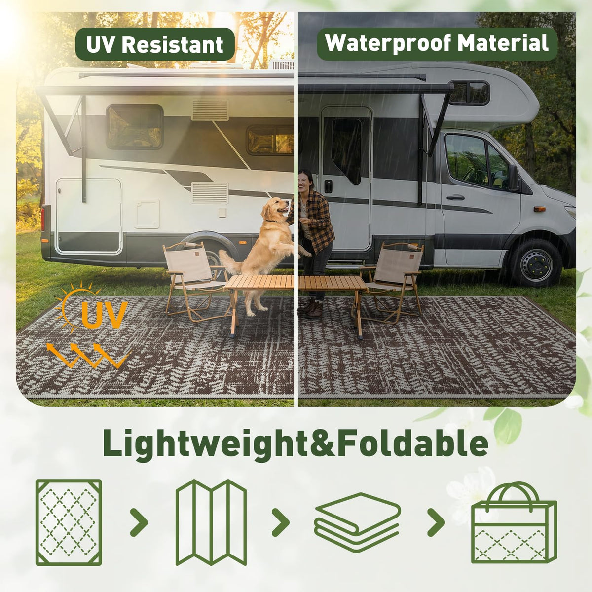 MontVoo rug rolled for storage demonstrates portability for adventures.