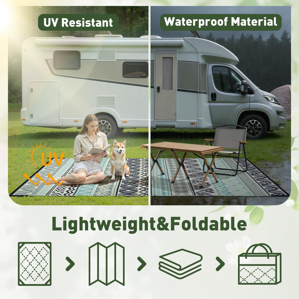 MontVoo outdoor rug 9x12 packaging with stakes demonstrates simple setup.