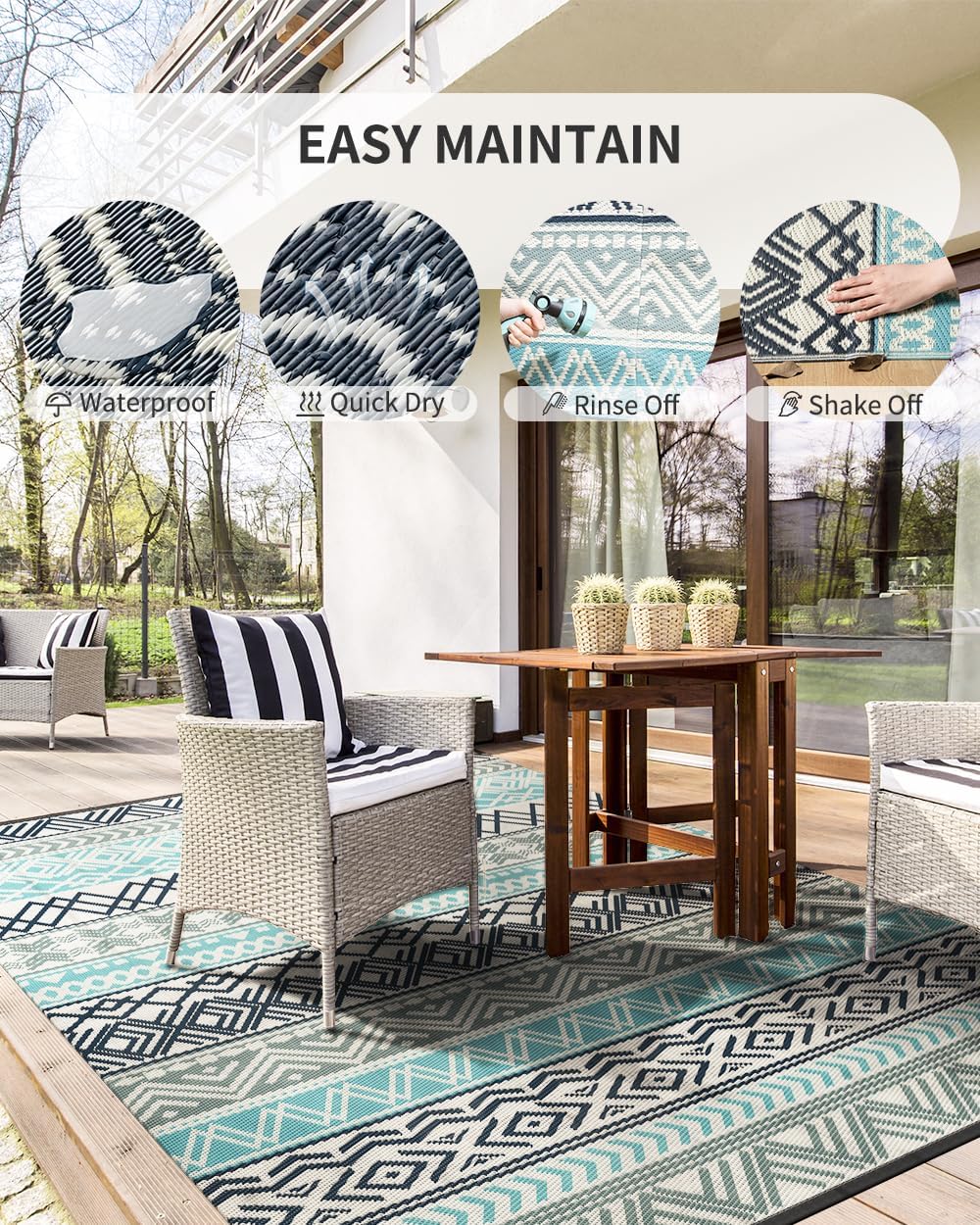 MontVoo outdoor rug 9x12 reversible design for easy decor changes.