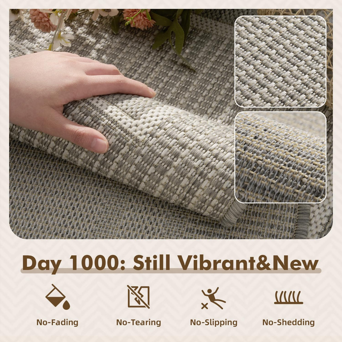 MontVoo patio rug polypropylene durable, keeps color vibrant in sun and rain.