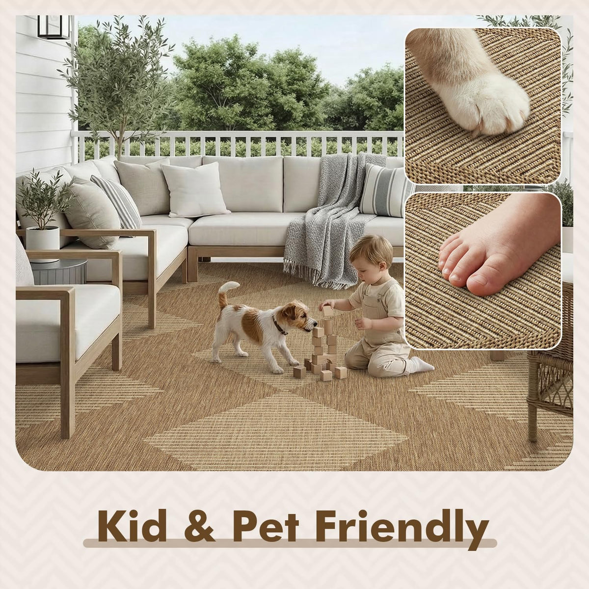 MontVoo pet-friendly outdoor rug resists dirt and pet fur clinging.