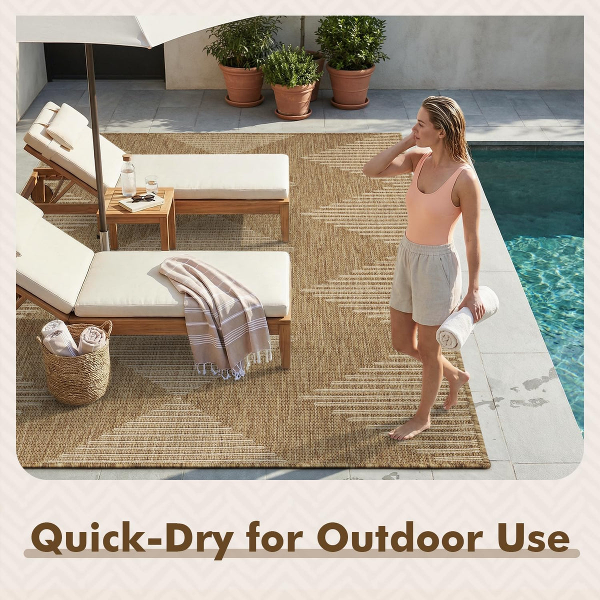 MontVoo quick-dry outdoor rug cleans easily with hose or wipe.