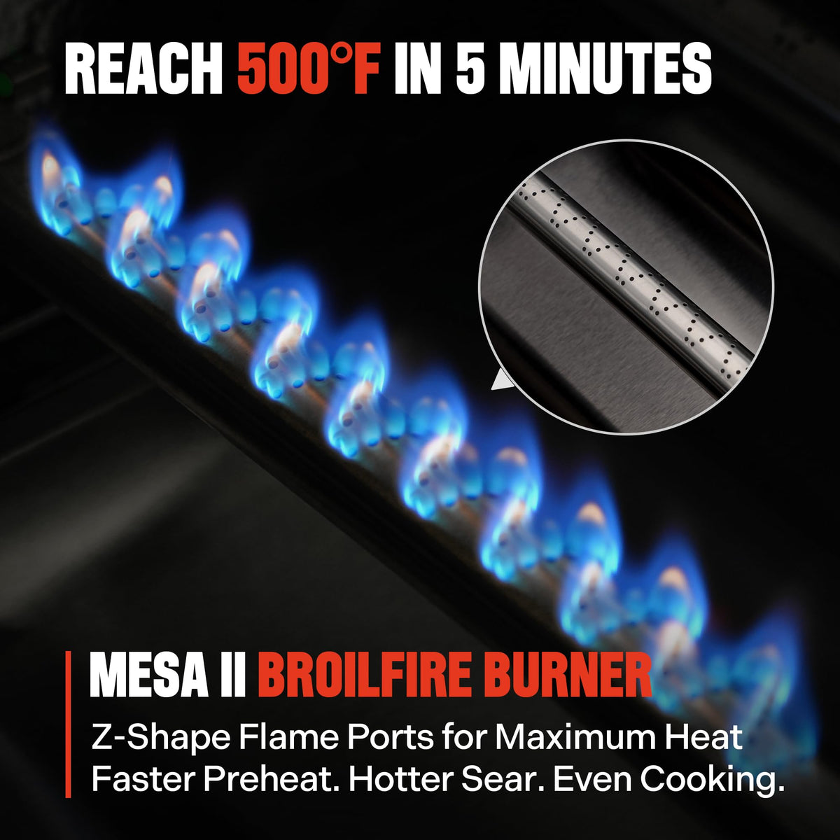 Monument Grills BroilFire 500f fast heat image suggests rapid sear.