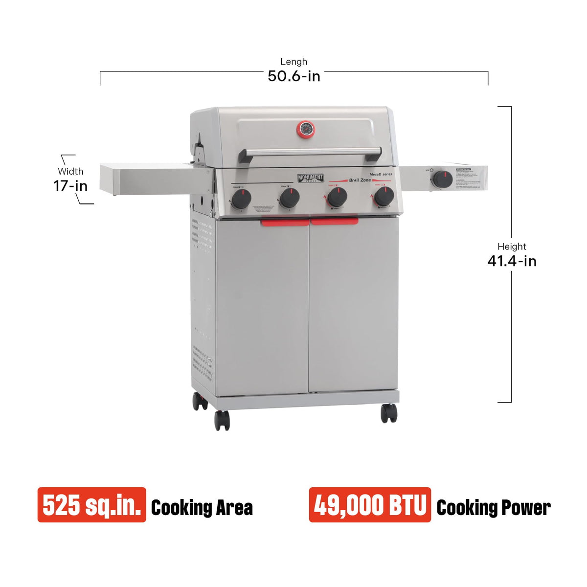Monument Grills dual heat zones with built-in thermometer enable precise control.