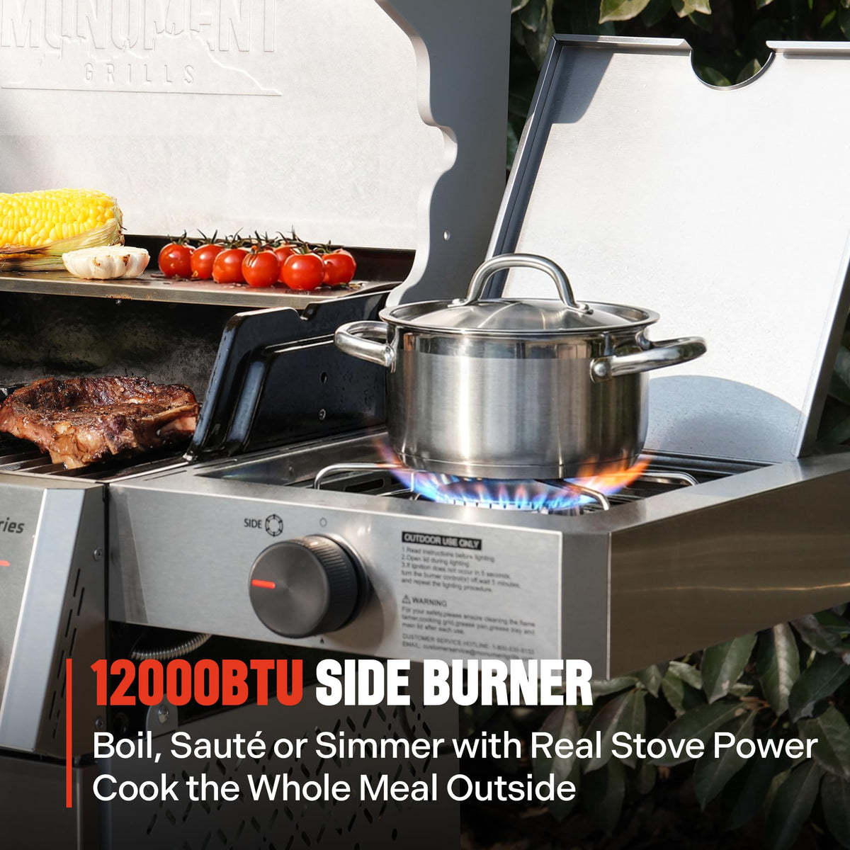 Monument Grills foldable side shelf provides extra workspace and storage.