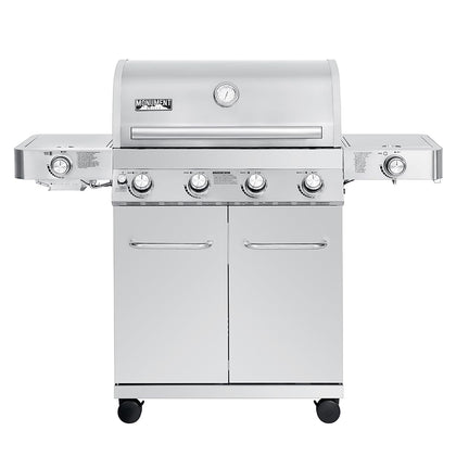Monument Grills Larger 4+2 burner front view with cabinet storage and knob controls