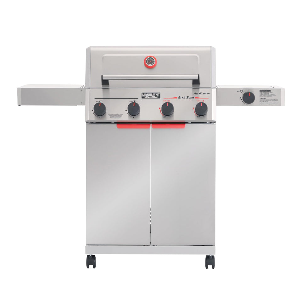 Monument Grills Mesa 4+1 front view shows sturdy stainless build and ample cooking space.