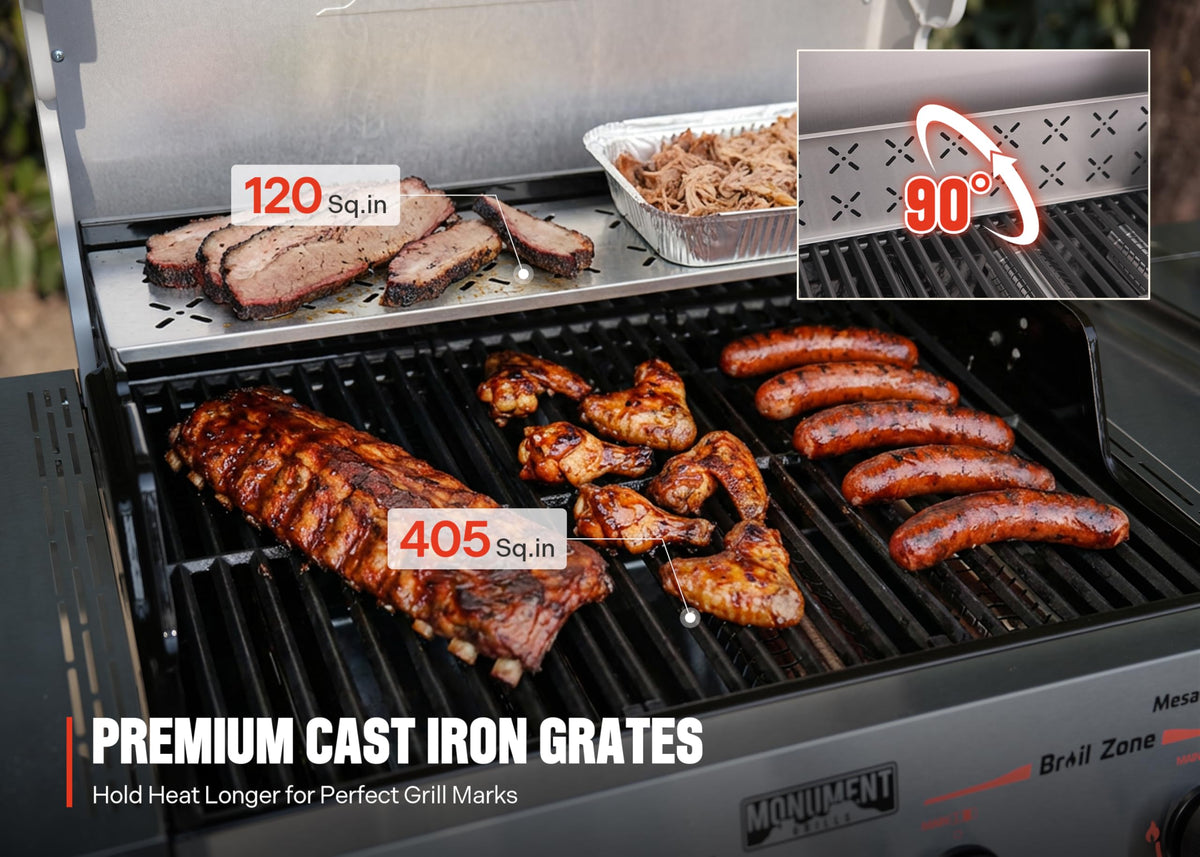 Monument Grills SS304 burners and SS430 body for long-lasting durability.