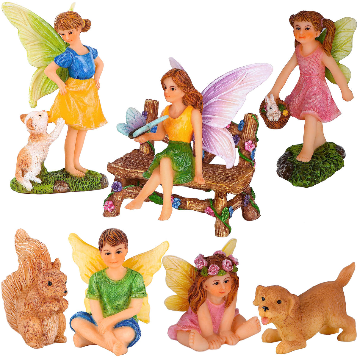 Mood Lab fairy garden animals figurine set enhances outdoor decor with whimsical charm.