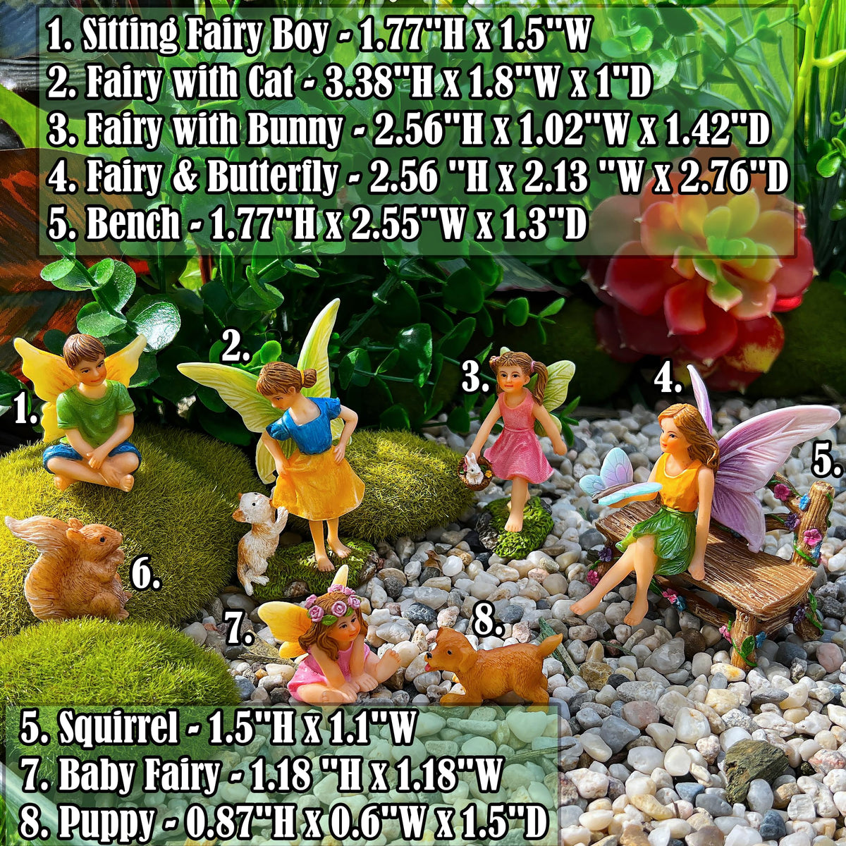 8-piece set ideal for creative fairy garden scenes and indoor shelves.