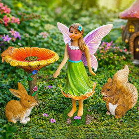 Mood Lab fairy garden figurines featuring flower accents in a display