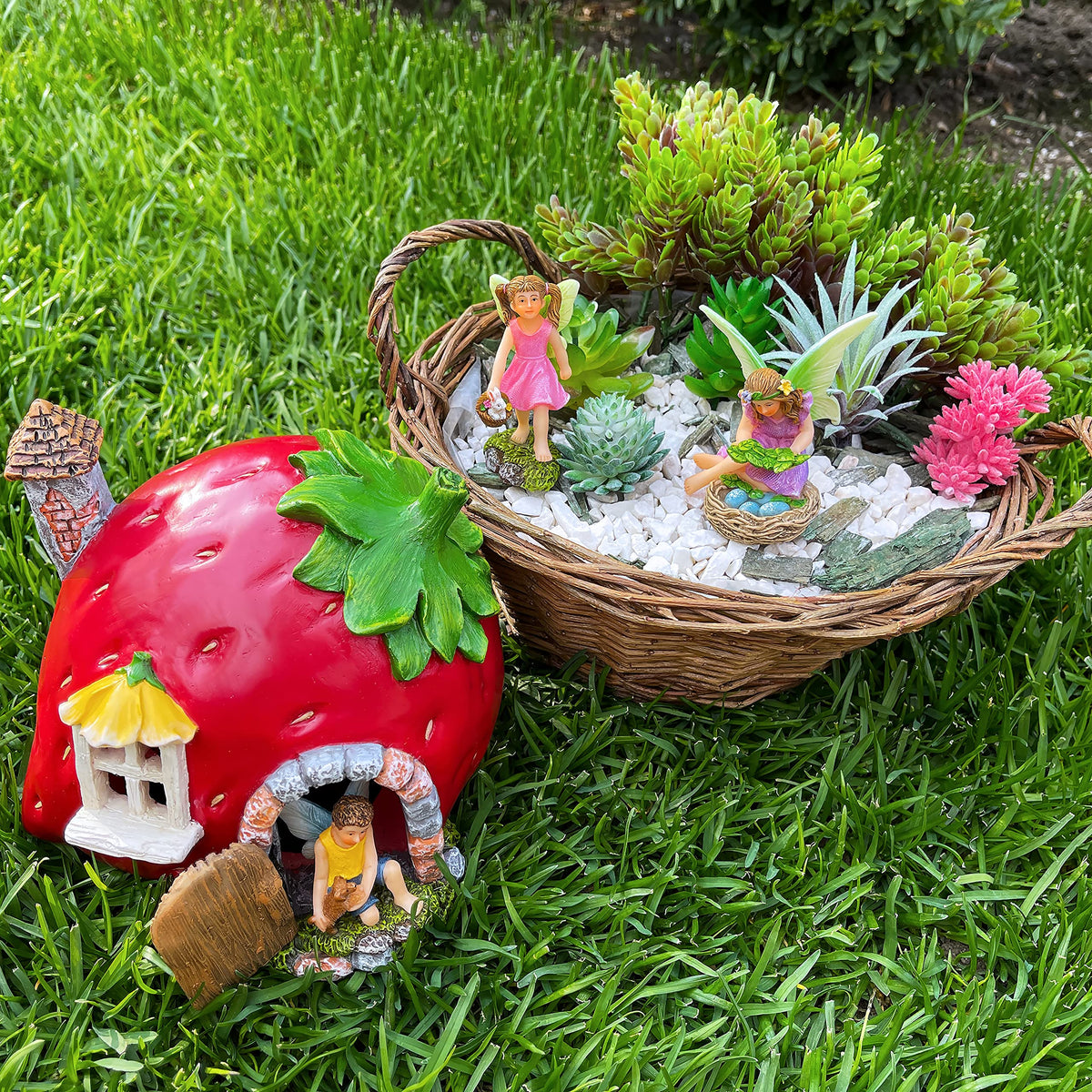 Mood Lab Fairy Garden Strawberry House 3 — hand-painted resin statue for garden or indoors.