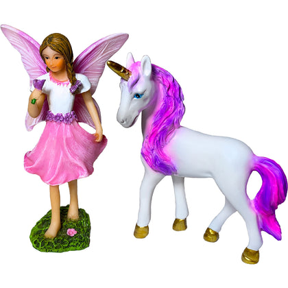 Mood Lab Fairy with Unicorn Set 2pcs in vibrant resin, ideal for whimsical garden displays
