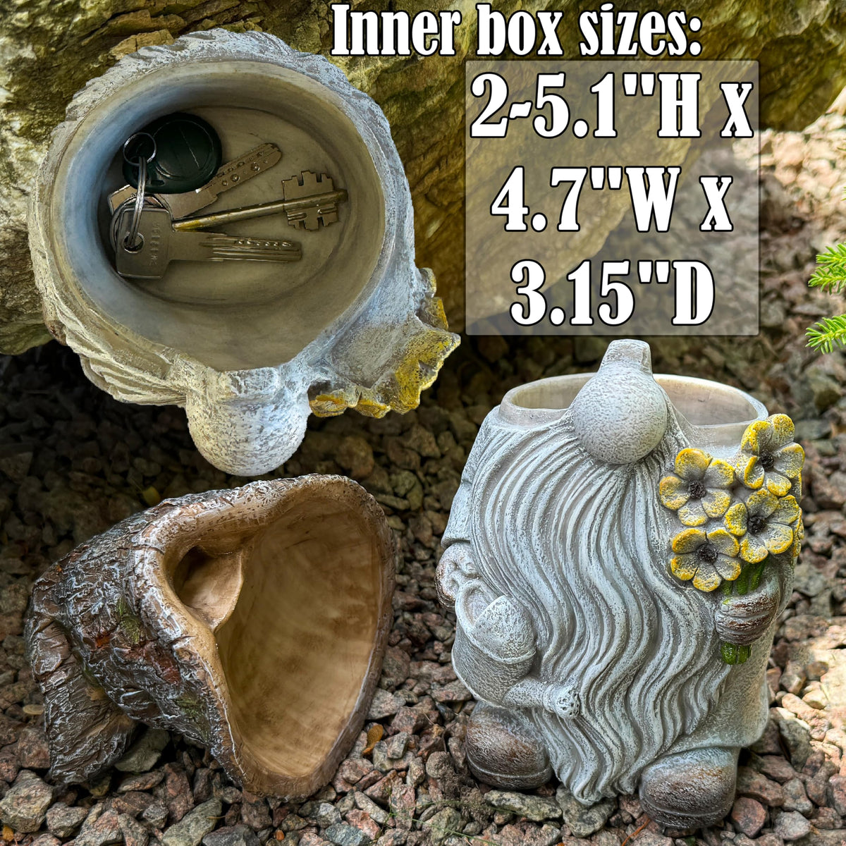 Mood Lab gnome hand-painted resin adds charm to exteriors.