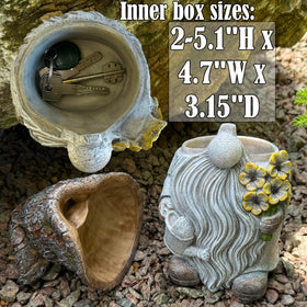 Mood Lab gnome hand-painted resin adds charm to exteriors.