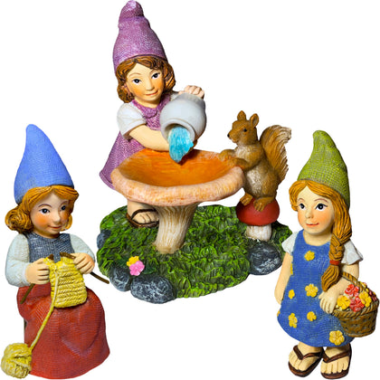 Mood Lab garden gnome lady-1 statue enhances outdoor garden display and whimsical decor.