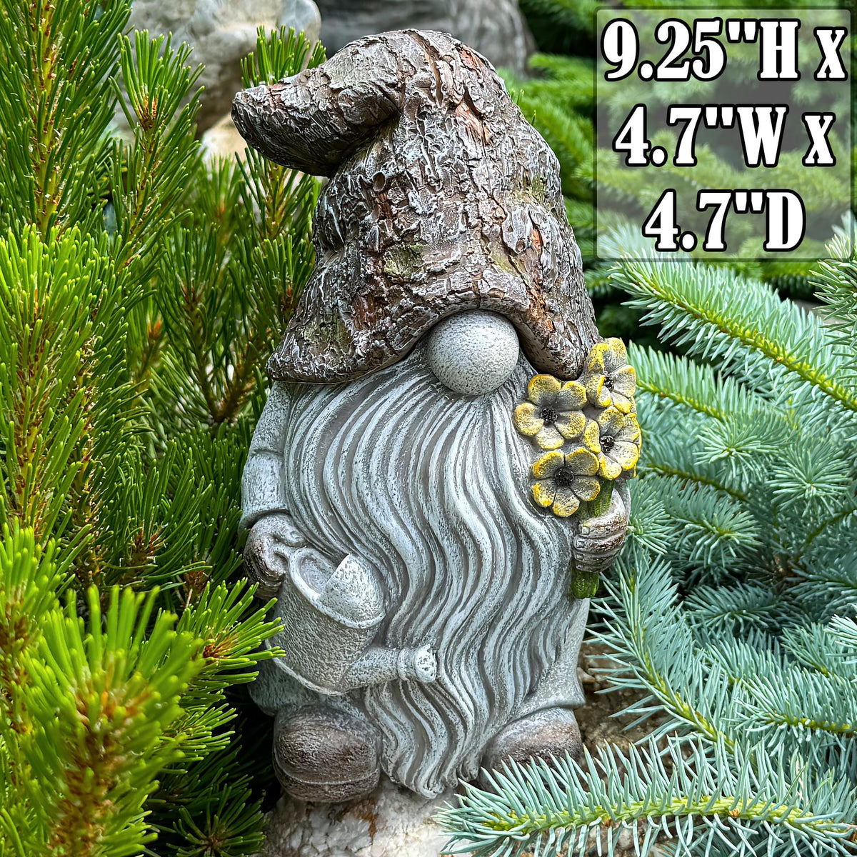 Mood Lab garden gnome outdoor decor resists weather with sun protection coating.