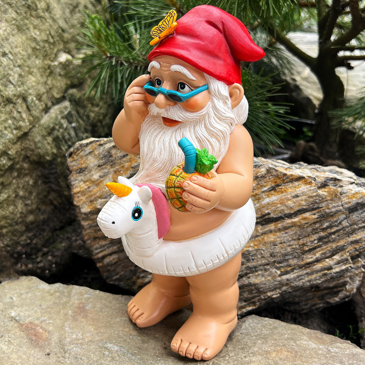 Mood Lab garden gnome in a sunny yard near plants for playful ambiance.