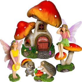 Mood Lab mushroom house fairy figurines add whimsical charm to outdoor or indoor spaces.