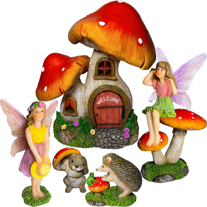 Mood Lab mushroom house fairy figurines add whimsical charm to outdoor or indoor spaces.