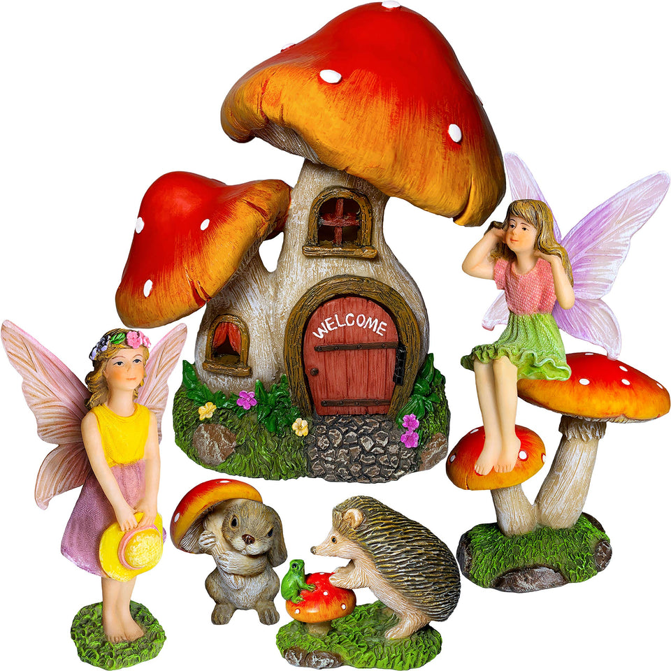 Mood Lab mushroom house fairy figurines add whimsical charm to outdoor or indoor spaces.
