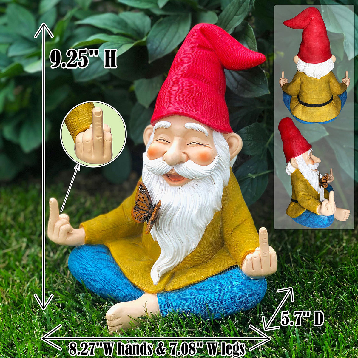 Mood Lab gnome relaxing in a stretch, adding playful charm to patios.