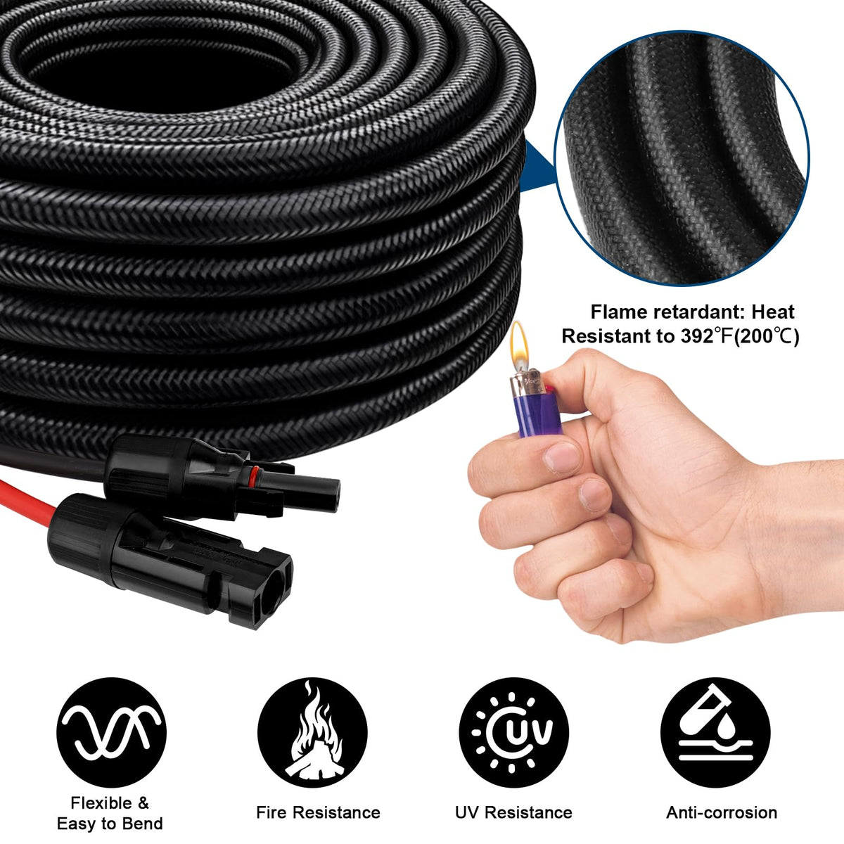 MOOKEERF flame-retardant sleeving visible on solar cable